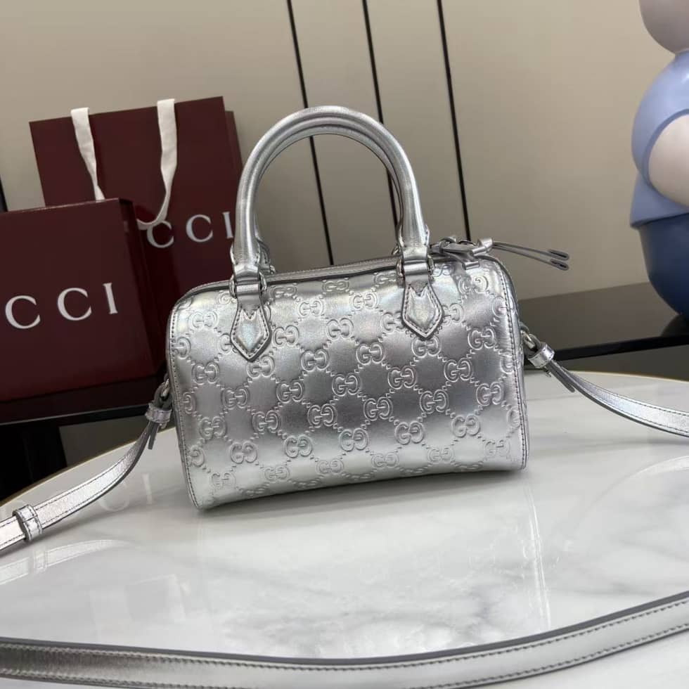 Gucci GG Emblem Small Silver Boston Bag 848889_1_163656 Gucci GG Emblem Small Silver Boston Bag 848889