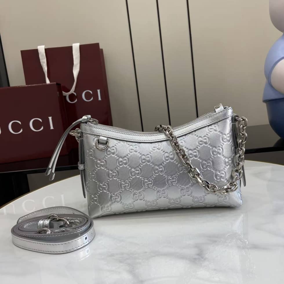 Gucci GG Emblem Small Silver Shoulder Bag 851631_10_163666 Gucci GG Emblem Small Silver Shoulder Bag 851631