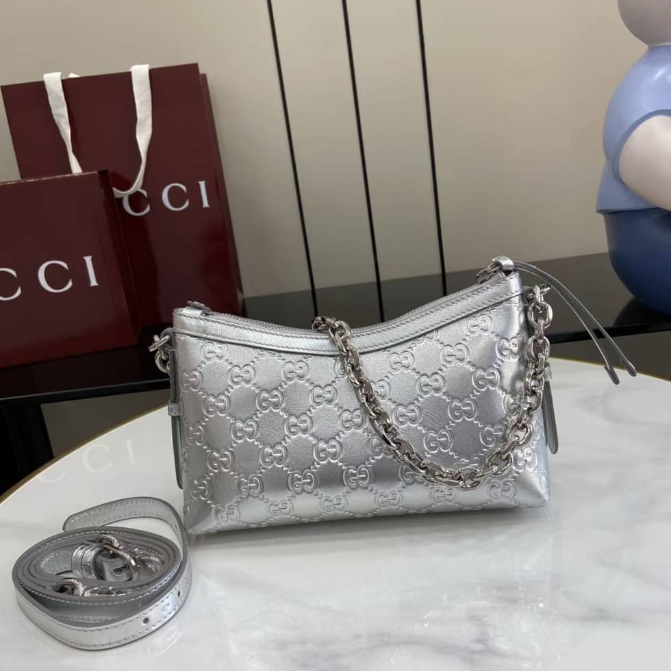 Gucci GG Emblem Small Silver Shoulder Bag 851631_1_163666 Gucci GG Emblem Small Silver Shoulder Bag 851631