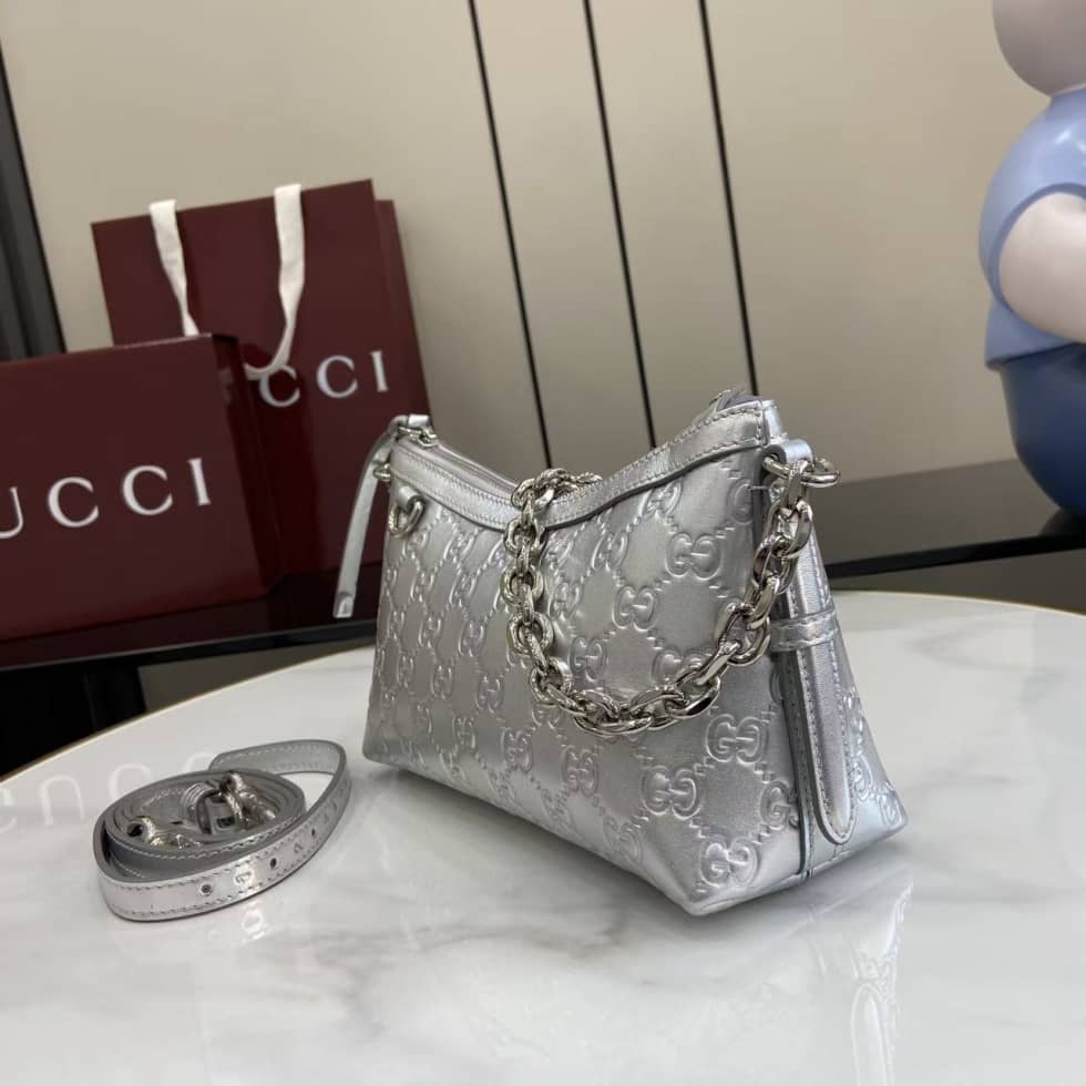 Gucci GG Emblem Small Silver Shoulder Bag 851631_2_163666 Gucci GG Emblem Small Silver Shoulder Bag 851631