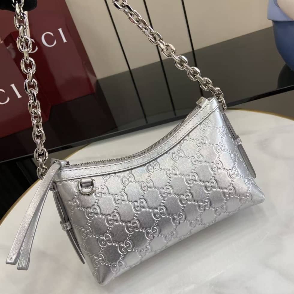 Gucci GG Emblem Small Silver Shoulder Bag 851631_4_163666 Gucci GG Emblem Small Silver Shoulder Bag 851631