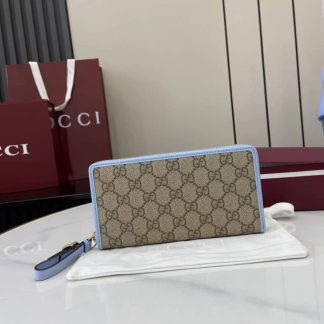 Gucci GG Emblem Beige Blue Zip Around Wallet