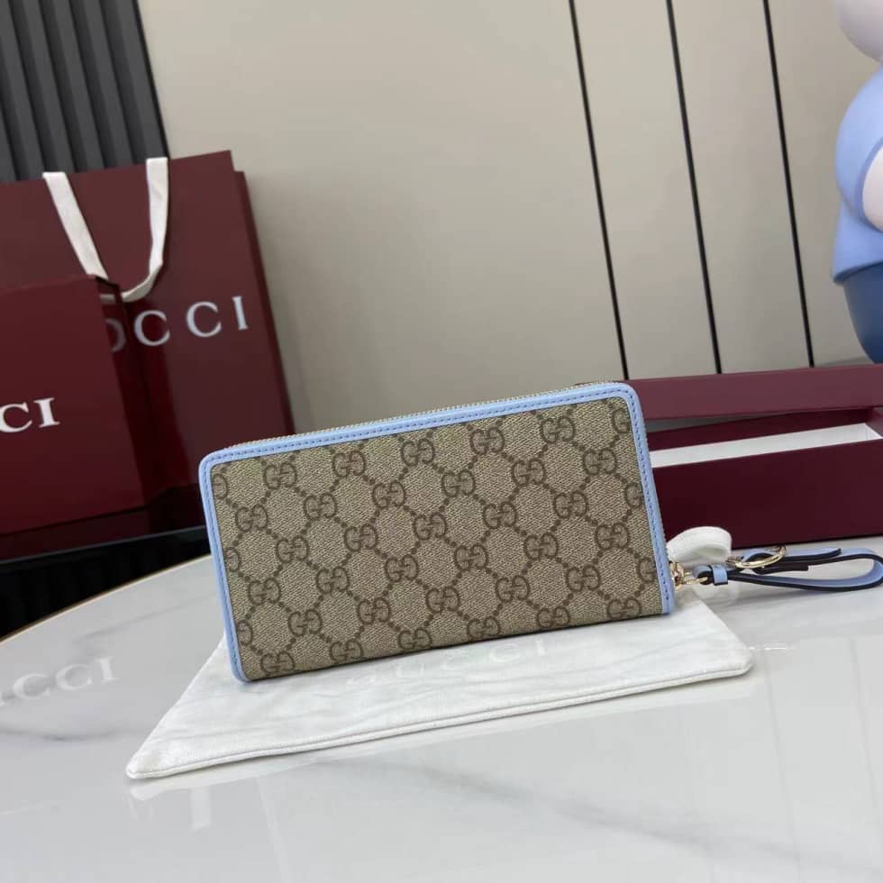 Gucci GG Emblem Beige Blue Zip Around Wallet_1_163686 Gucci GG Emblem Beige Blue Zip Around Wallet
