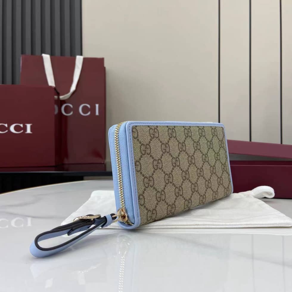 Gucci GG Emblem Beige Blue Zip Around Wallet_2_163686 Gucci GG Emblem Beige Blue Zip Around Wallet