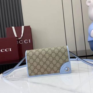 Gucci GG Emblem Beige Blue Wallet with Leather Strap