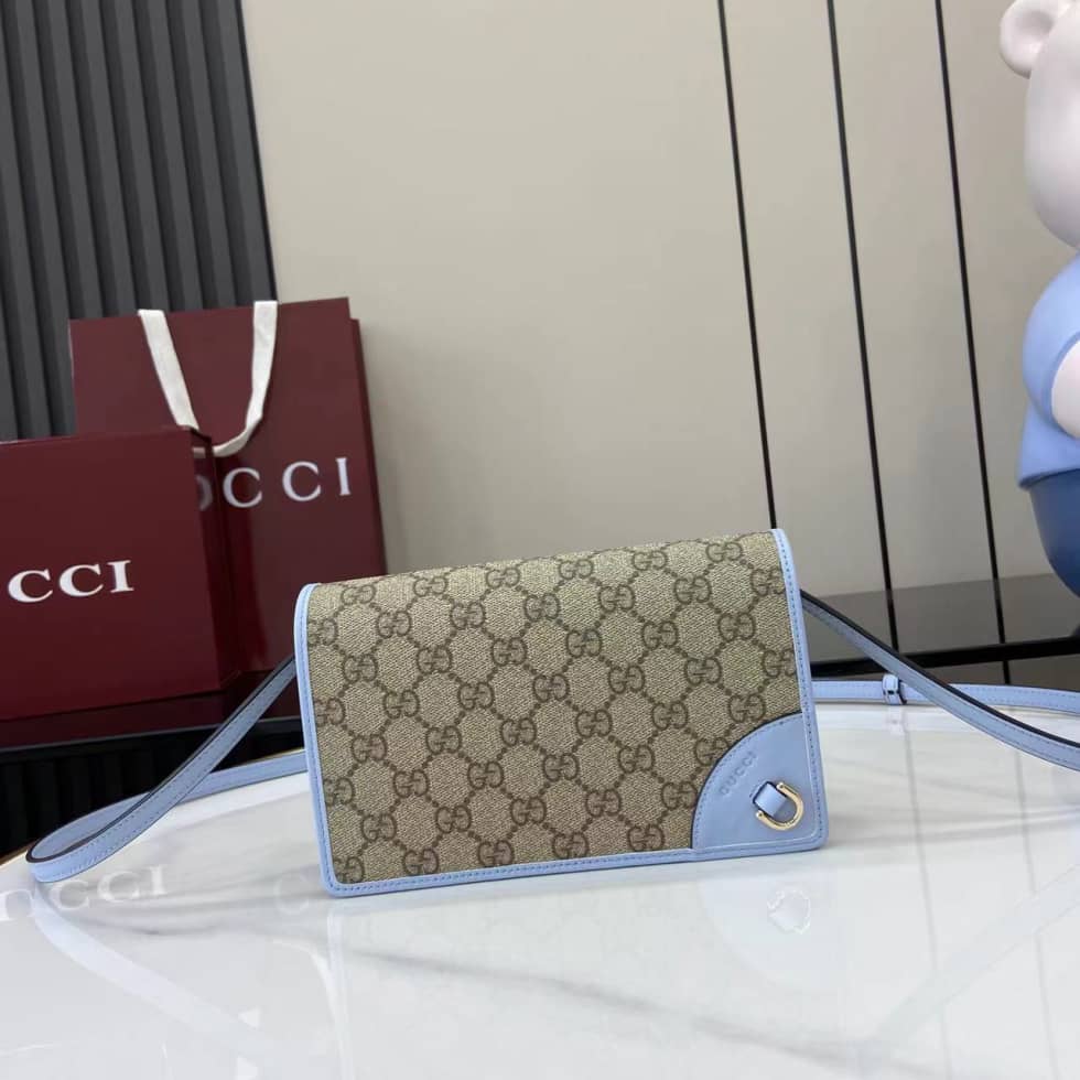 Gucci GG Emblem Beige Blue Wallet with Leather Strap_10_163706 Gucci GG Emblem Beige Blue Wallet with Leather Strap