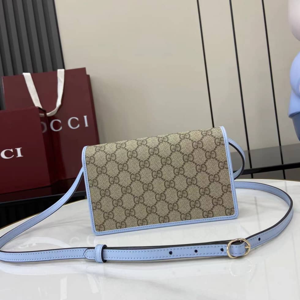 Gucci GG Emblem Beige Blue Wallet with Leather Strap_1_163706 Gucci GG Emblem Beige Blue Wallet with Leather Strap