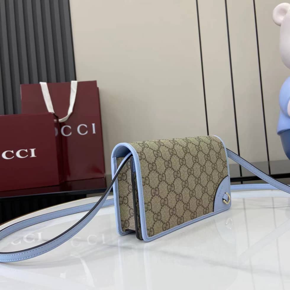 Gucci GG Emblem Beige Blue Wallet with Leather Strap_2_163706 Gucci GG Emblem Beige Blue Wallet with Leather Strap