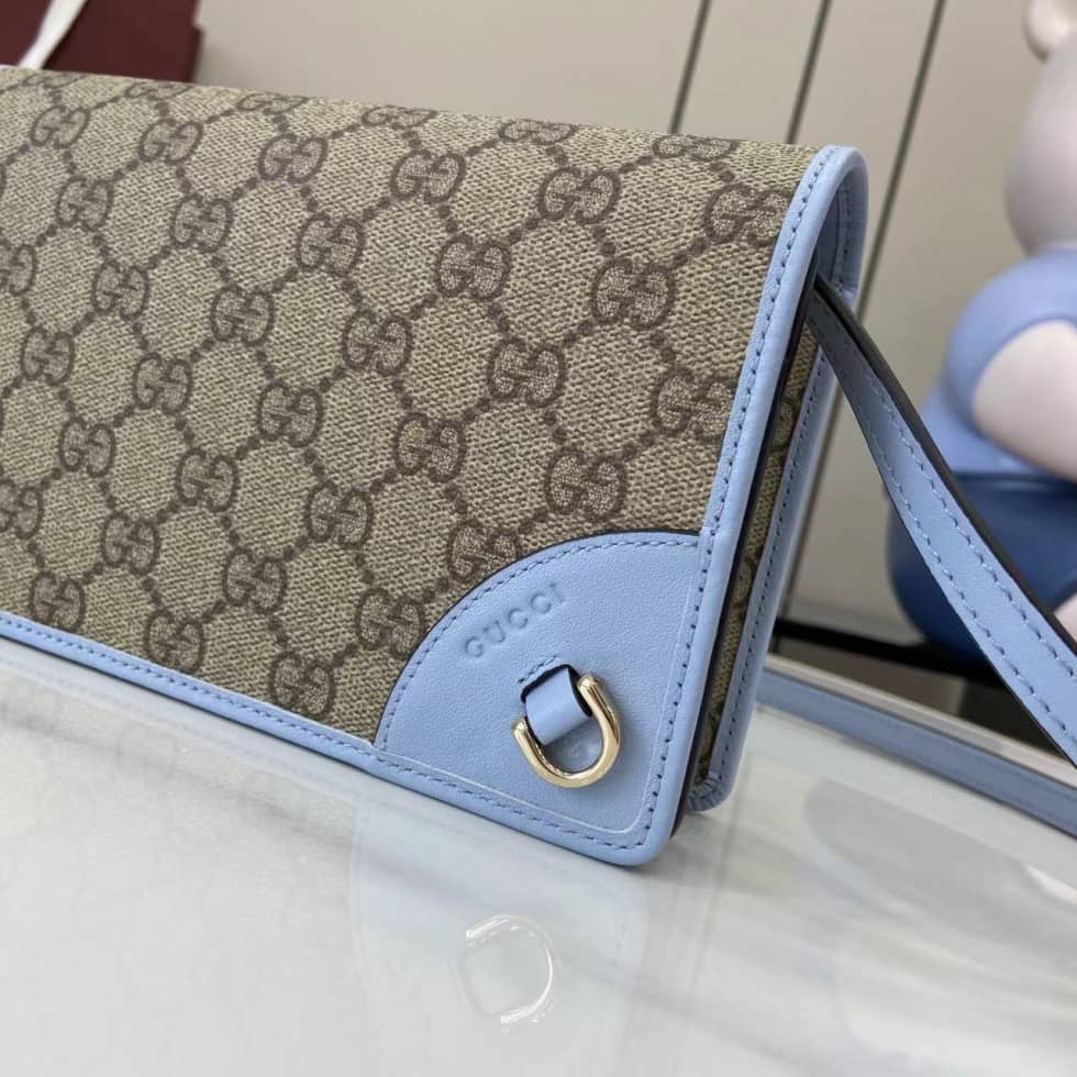 Gucci GG Emblem Beige Blue Wallet with Leather Strap_5_163706 Gucci GG Emblem Beige Blue Wallet with Leather Strap