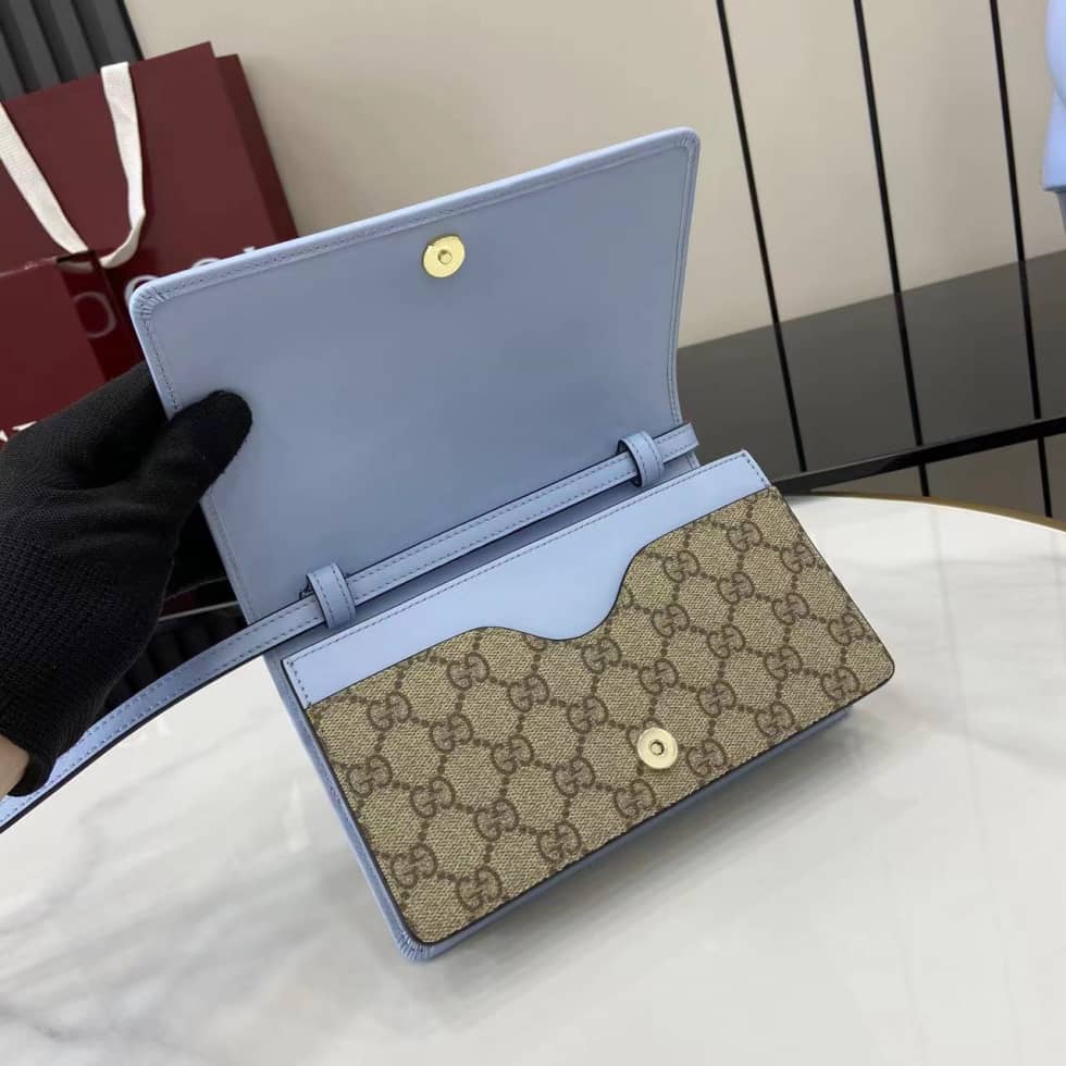Gucci GG Emblem Beige Blue Wallet with Leather Strap_6_163706 Gucci GG Emblem Beige Blue Wallet with Leather Strap