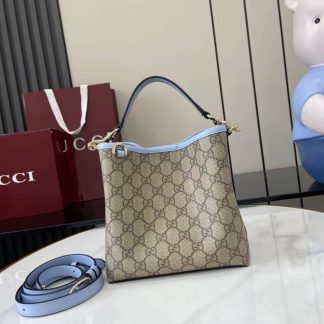 Gucci GG Emblem Small Beige Blue Bucket Bag