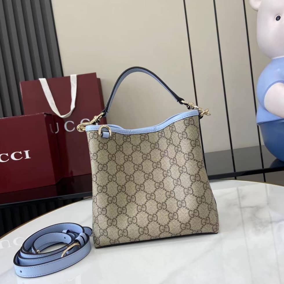 Gucci GG Emblem Small Beige Blue Bucket Bag_10_163736 Gucci GG Emblem Small Beige Blue Bucket Bag