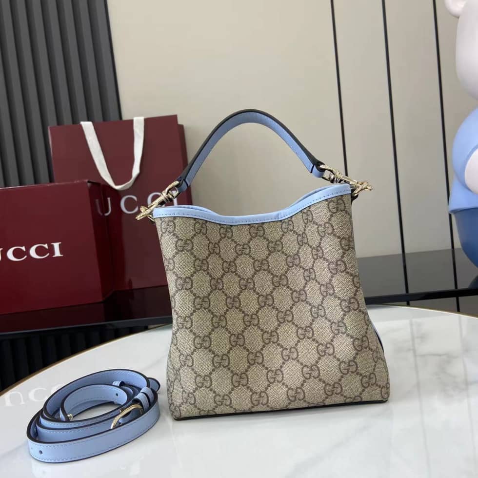 Gucci GG Emblem Small Beige Blue Bucket Bag_1_163736 Gucci GG Emblem Small Beige Blue Bucket Bag