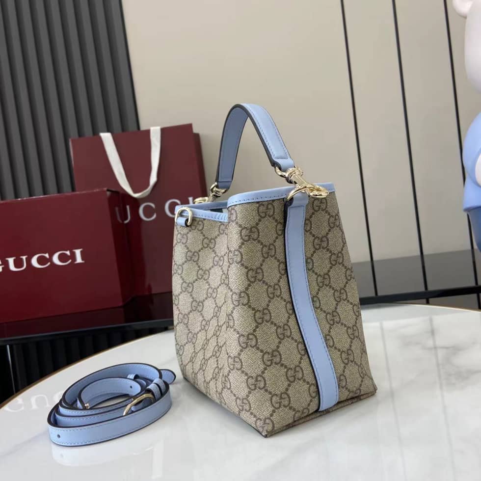 Gucci GG Emblem Small Beige Blue Bucket Bag_2_163736 Gucci GG Emblem Small Beige Blue Bucket Bag
