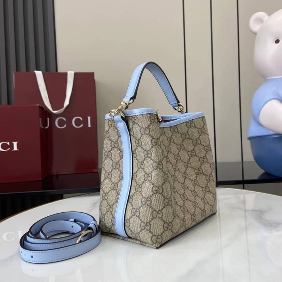Gucci GG Emblem Small Beige Blue Bucket Bag_3_163736 Gucci GG Emblem Small Beige Blue Bucket Bag