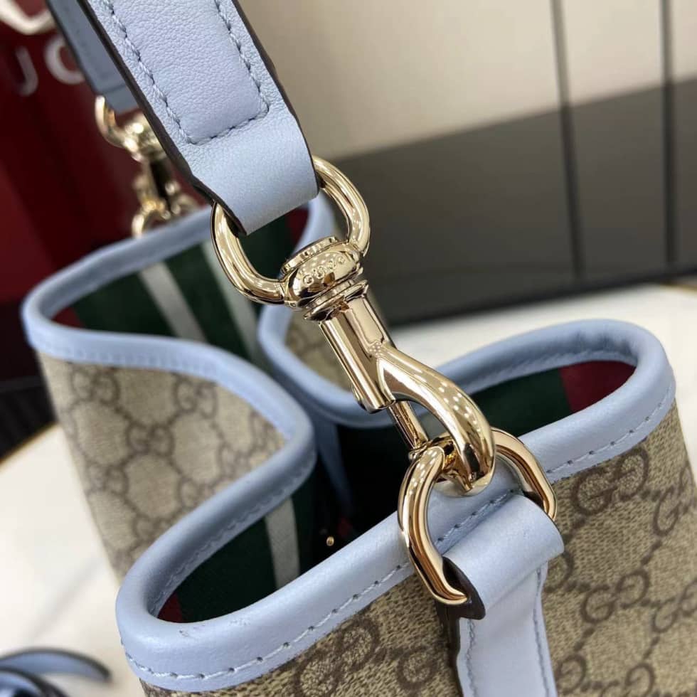 Gucci GG Emblem Small Beige Blue Bucket Bag_4_163736 Gucci GG Emblem Small Beige Blue Bucket Bag