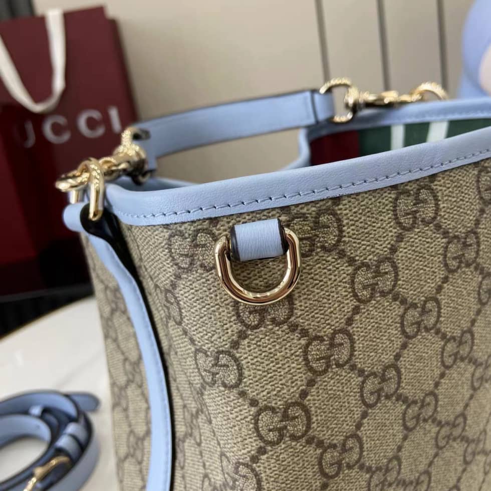 Gucci GG Emblem Small Beige Blue Bucket Bag_5_163736 Gucci GG Emblem Small Beige Blue Bucket Bag