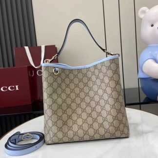 Gucci GG Emblem Medium Beige Blue Bucket Bag