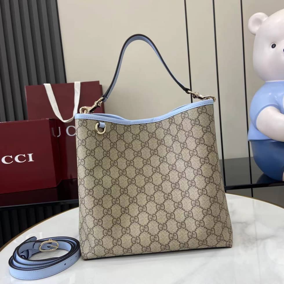 Gucci GG Emblem Medium Beige Blue Bucket Bag_10_163746 Gucci GG Emblem Medium Beige Blue Bucket Bag