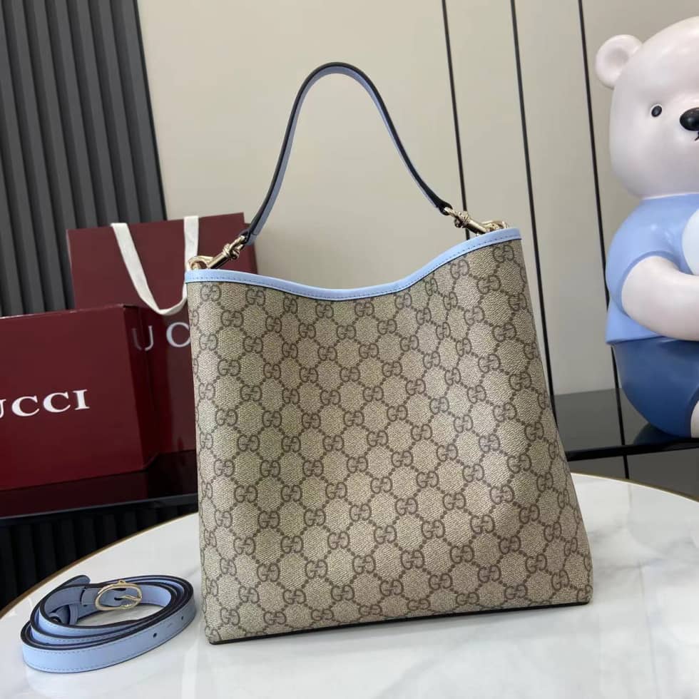 Gucci GG Emblem Medium Beige Blue Bucket Bag_1_163746 Gucci GG Emblem Medium Beige Blue Bucket Bag