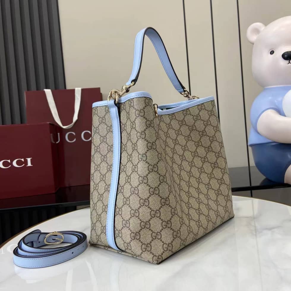 Gucci GG Emblem Medium Beige Blue Bucket Bag_2_163746 Gucci GG Emblem Medium Beige Blue Bucket Bag