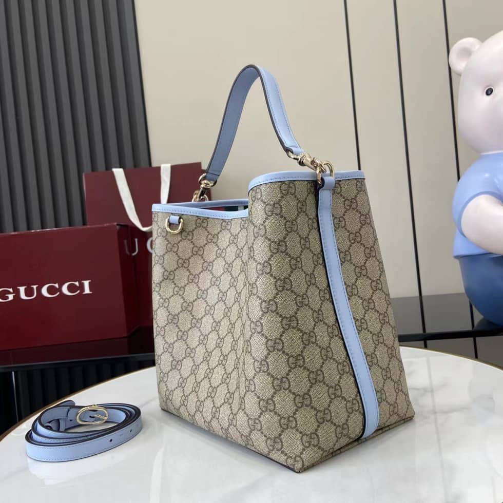 Gucci GG Emblem Medium Beige Blue Bucket Bag_3_163746 Gucci GG Emblem Medium Beige Blue Bucket Bag