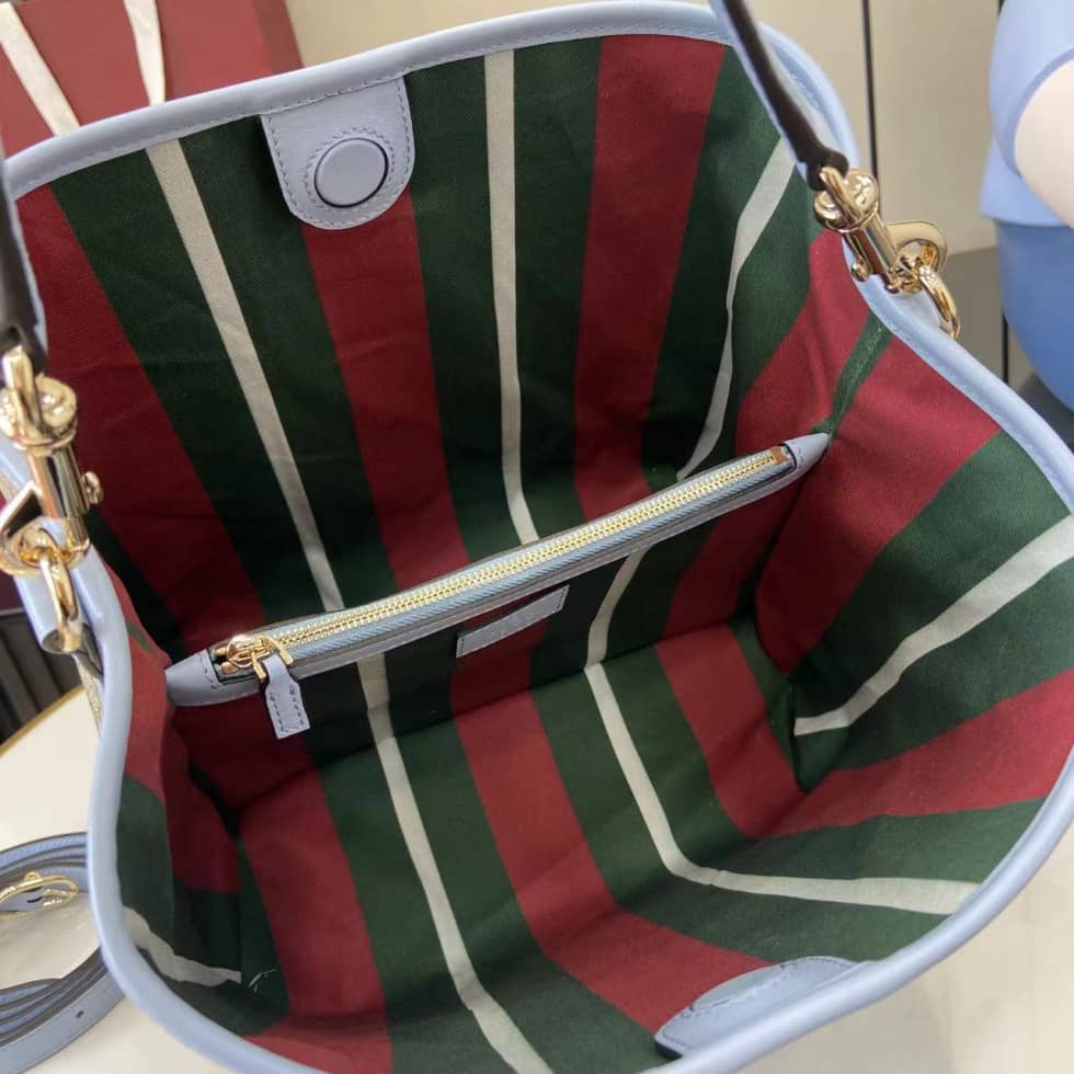 Gucci GG Emblem Medium Beige Blue Bucket Bag_7_163746 Gucci GG Emblem Medium Beige Blue Bucket Bag