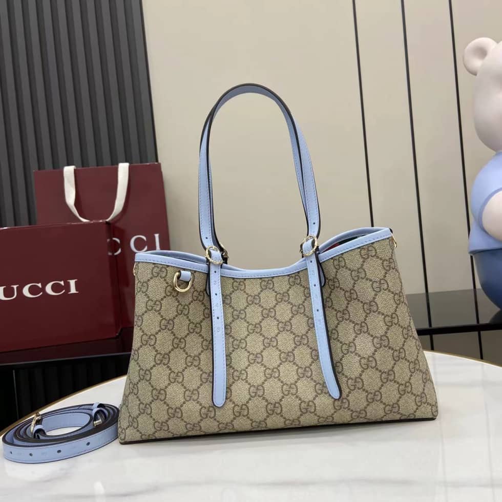 Gucci GG Emblem Medium Beige Blue Tote 815214_10_163756 Gucci GG Emblem Medium Beige Blue Tote 815214