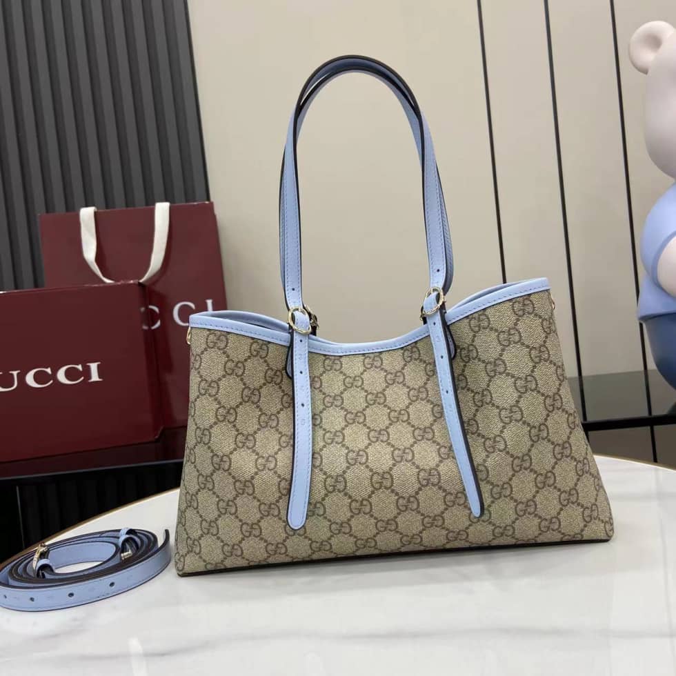 Gucci GG Emblem Medium Beige Blue Tote 815214_1_163756 Gucci GG Emblem Medium Beige Blue Tote 815214