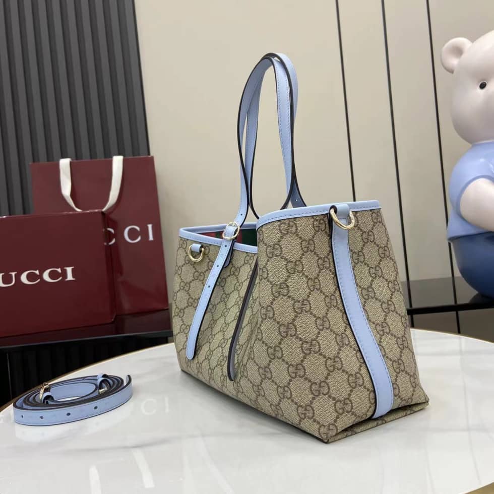 Gucci GG Emblem Medium Beige Blue Tote 815214_2_163756 Gucci GG Emblem Medium Beige Blue Tote 815214