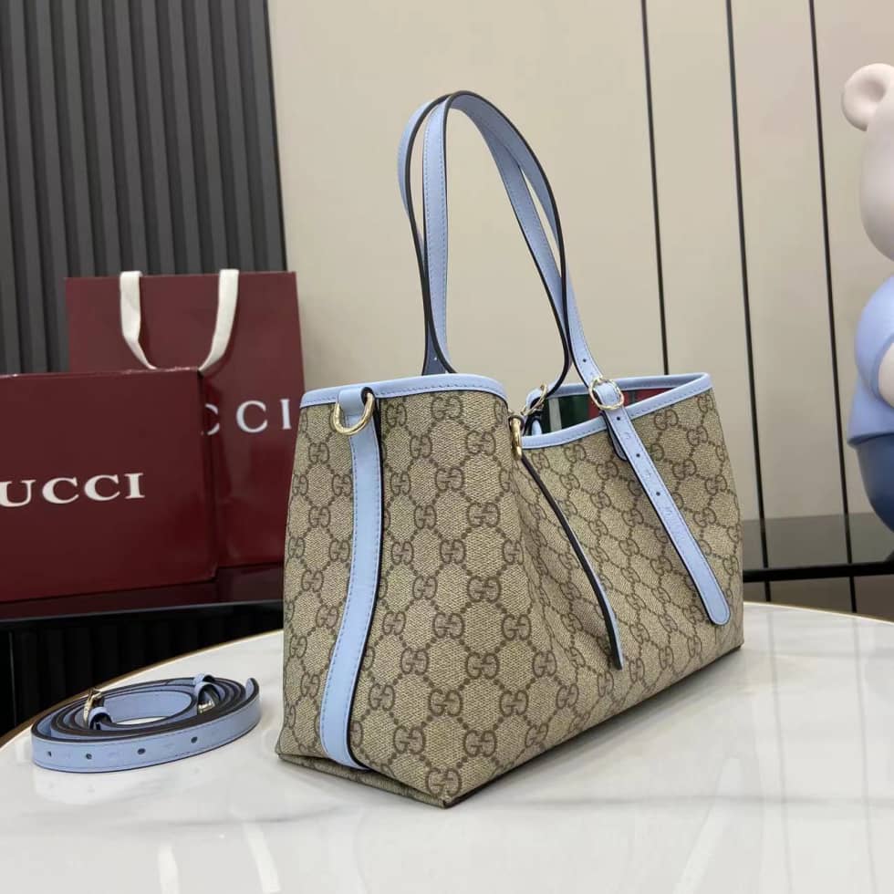 Gucci GG Emblem Medium Beige Blue Tote 815214_3_163756 Gucci GG Emblem Medium Beige Blue Tote 815214