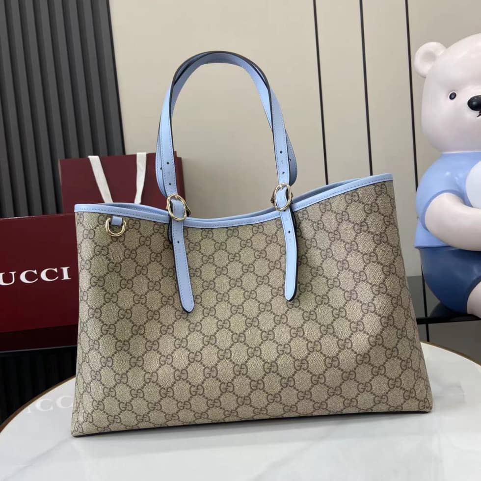 Gucci GG Emblem Large Beige Blue Tote 815213_10_163766 Gucci GG Emblem Large Beige Blue Tote 815213