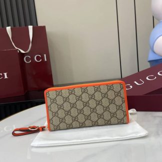 Gucci GG Emblem Beige Orange Zip Around Wallet