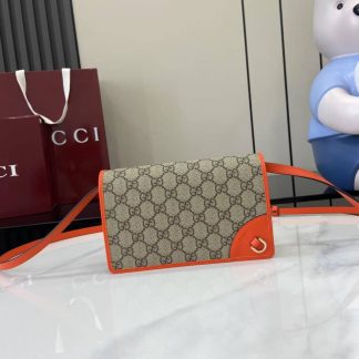 Gucci GG Emblem Beige Orange Wallet with Leather Strap