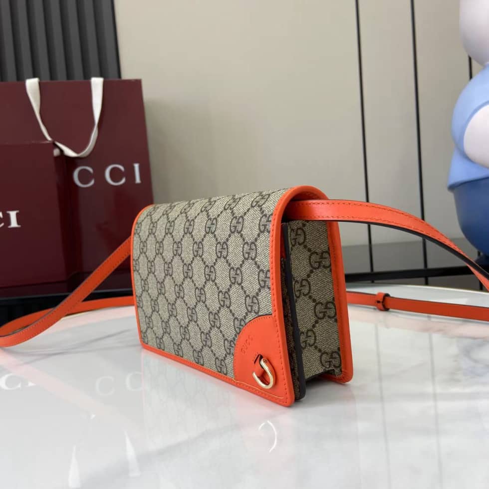 Gucci GG Emblem Beige Orange Wallet with Leather Strap_2_163806 Gucci GG Emblem Beige Orange Wallet with Leather Strap