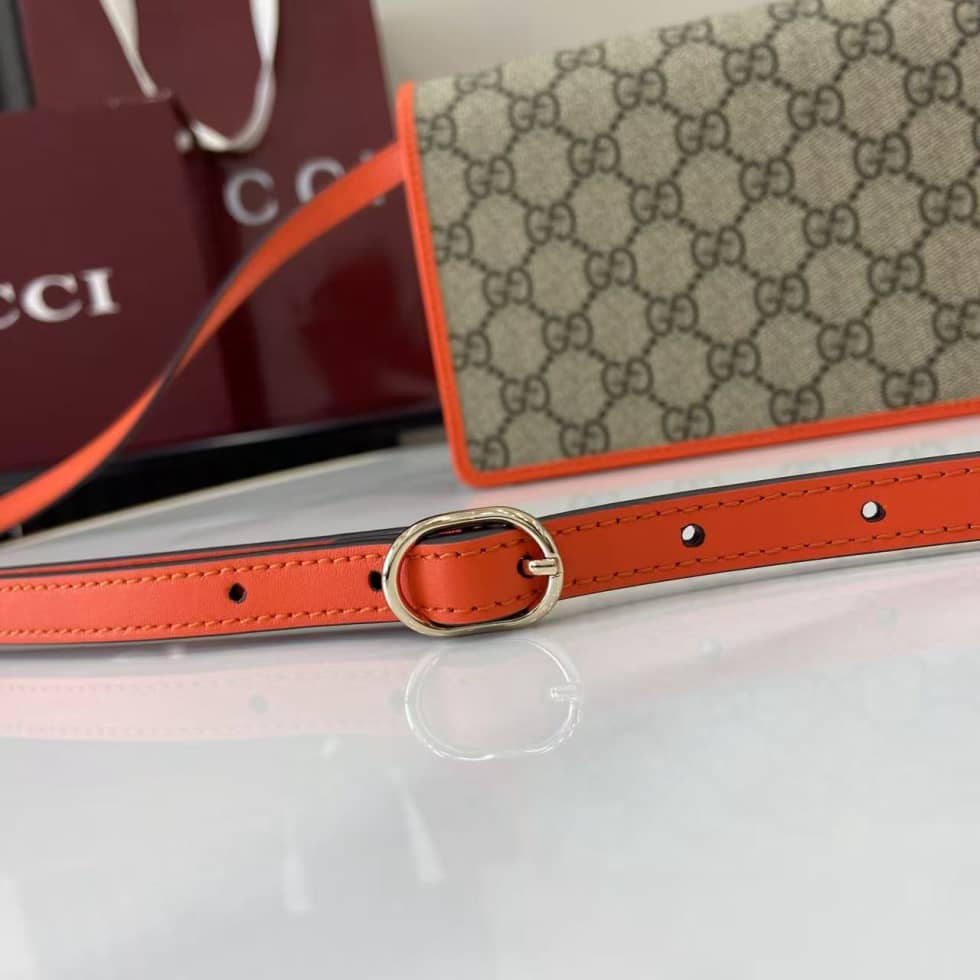 Gucci GG Emblem Beige Orange Wallet with Leather Strap_4_163806 Gucci GG Emblem Beige Orange Wallet with Leather Strap