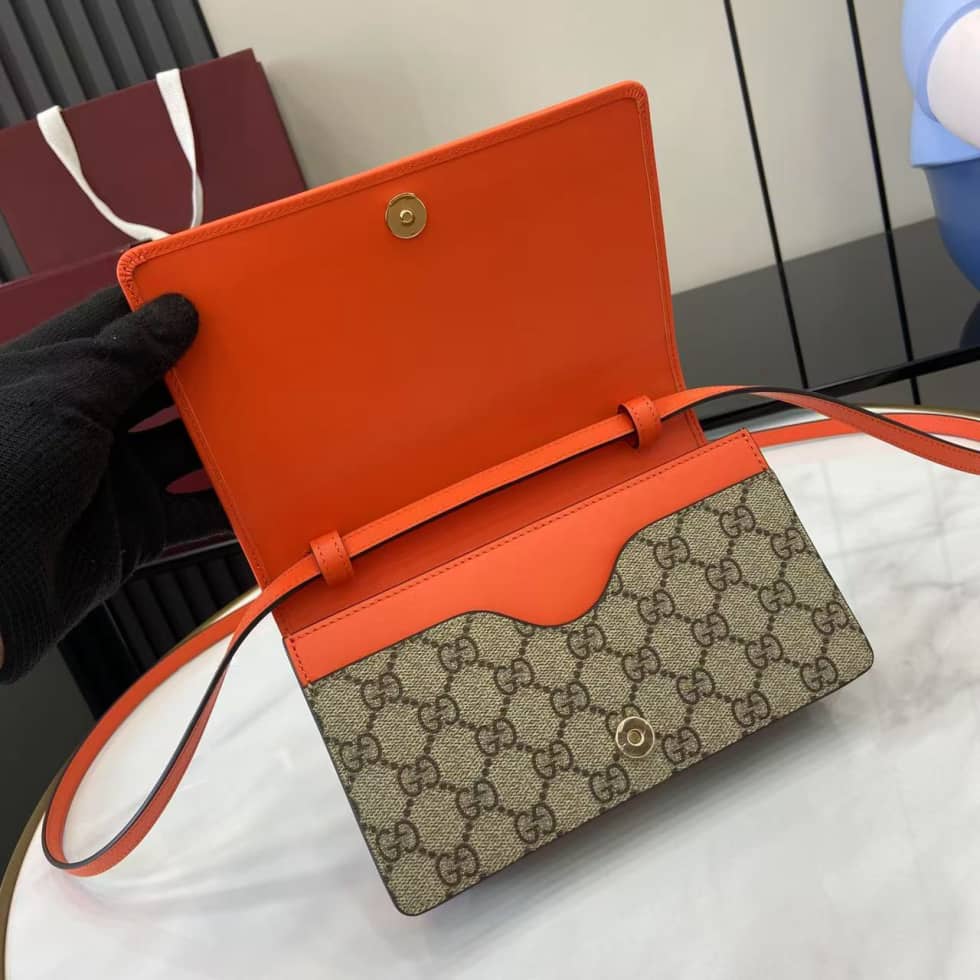 Gucci GG Emblem Beige Orange Wallet with Leather Strap_6_163806 Gucci GG Emblem Beige Orange Wallet with Leather Strap