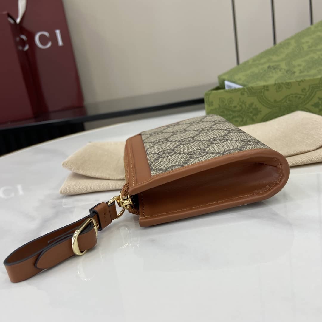 Gucci GG Emblem Beige Brown Zip Card Case 821804_6_163816 Gucci GG Emblem Beige Brown Zip Card Case 821804