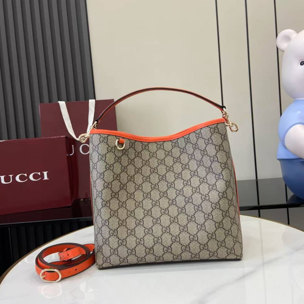 Gucci GG Emblem Medium Beige Orange Bucket Bag_10_163836 Gucci GG Emblem Medium Beige Orange Bucket Bag