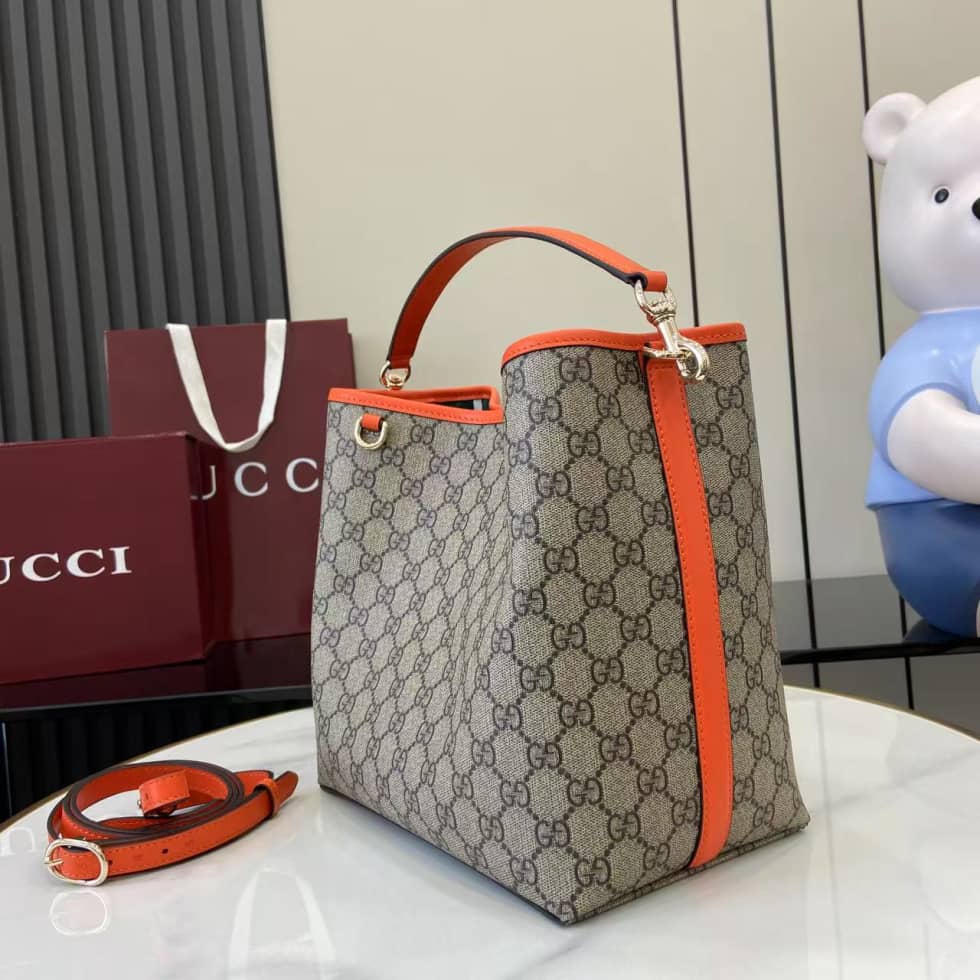 Gucci GG Emblem Medium Beige Orange Bucket Bag_2_163836 Gucci GG Emblem Medium Beige Orange Bucket Bag