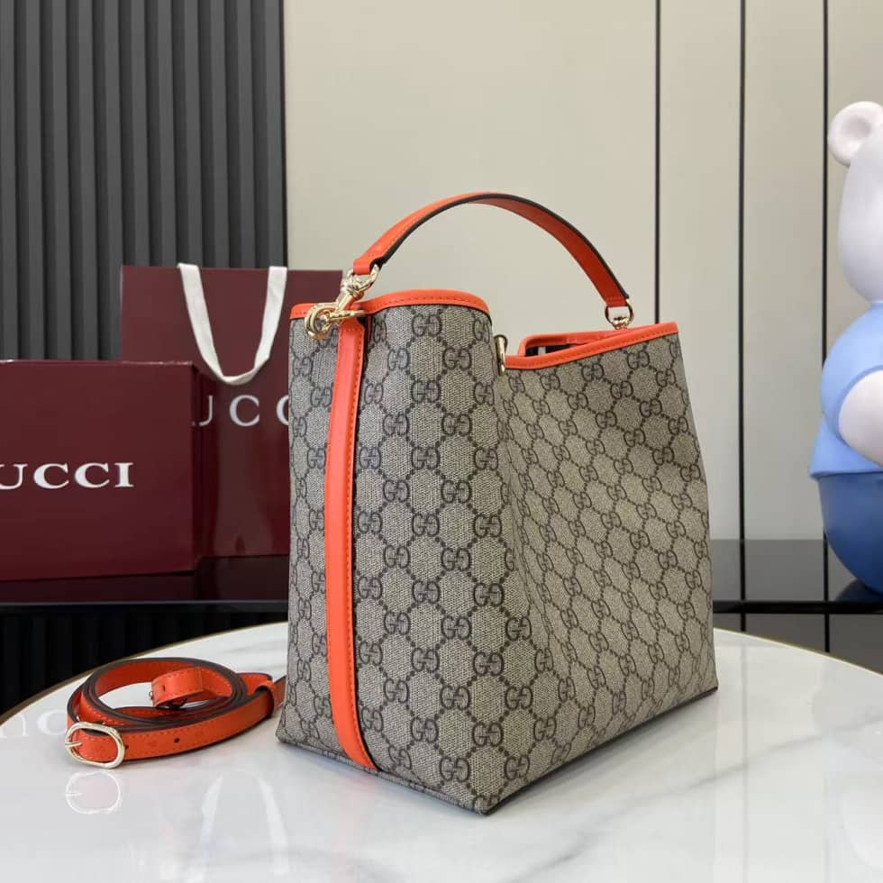 Gucci GG Emblem Medium Beige Orange Bucket Bag_3_163836 Gucci GG Emblem Medium Beige Orange Bucket Bag