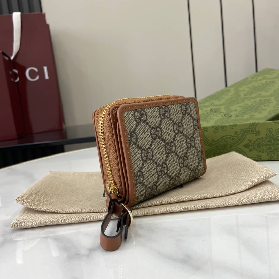 Gucci GG Emblem Mini Beige Brown Zip Wallet_2_163886 Gucci GG Emblem Mini Beige Brown Zip Wallet