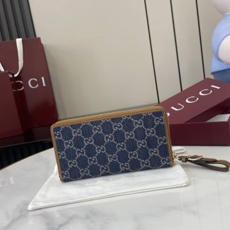 Gucci GG Emblem Denim Blue Zip Around Wallet