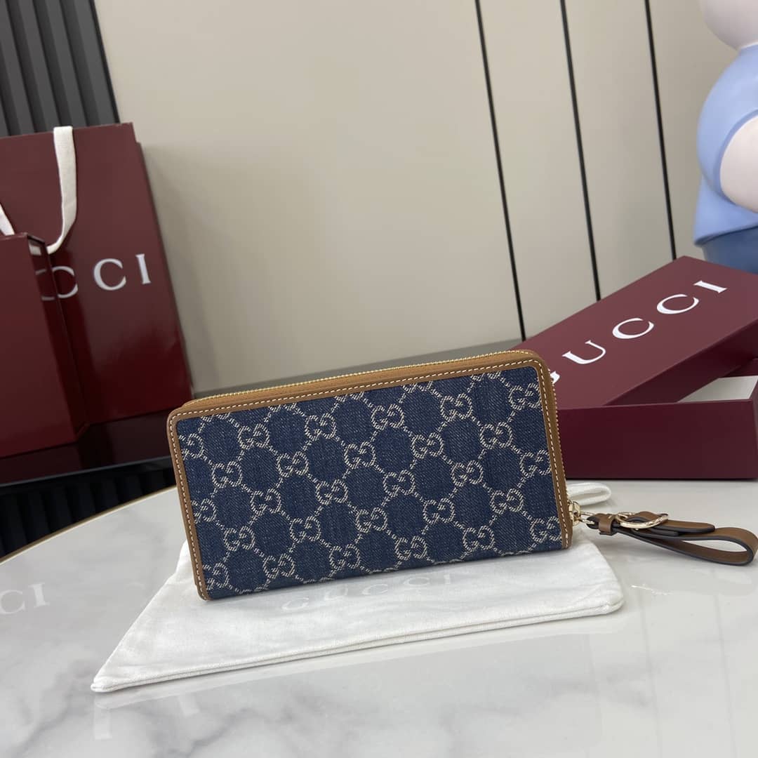 Gucci GG Emblem Denim Blue Zip Around Wallet_10_163996 Gucci GG Emblem Denim Blue Zip Around Wallet