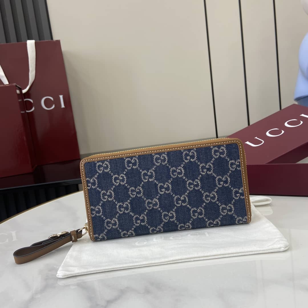 Gucci GG Emblem Denim Blue Zip Around Wallet_1_163996 Gucci GG Emblem Denim Blue Zip Around Wallet