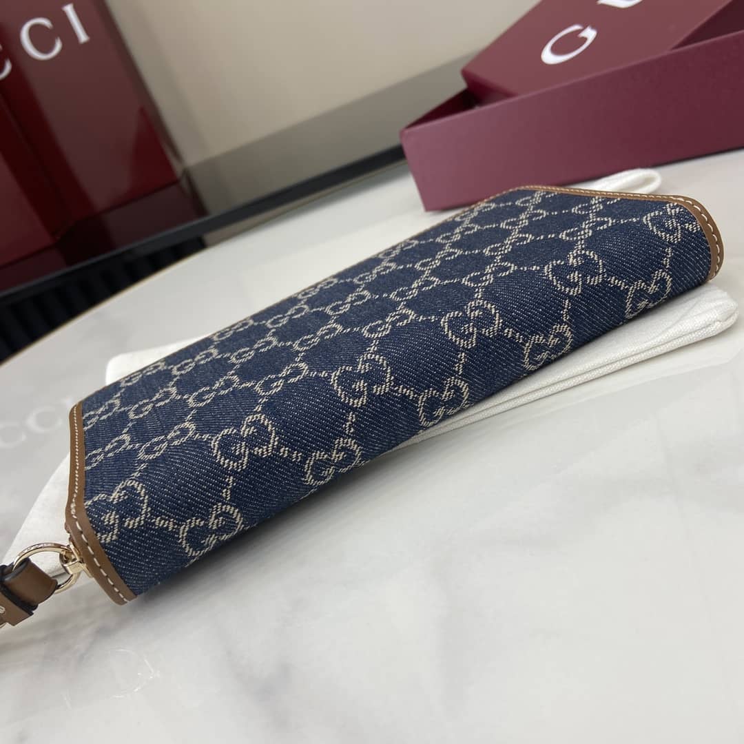Gucci GG Emblem Denim Blue Zip Around Wallet_2_163996 Gucci GG Emblem Denim Blue Zip Around Wallet