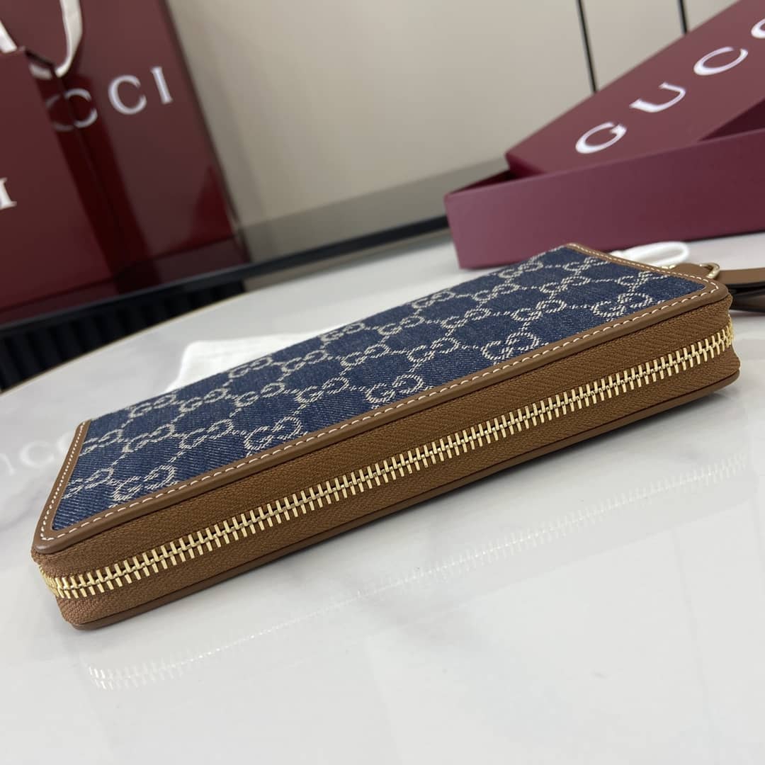 Gucci GG Emblem Denim Blue Zip Around Wallet_3_163996 Gucci GG Emblem Denim Blue Zip Around Wallet