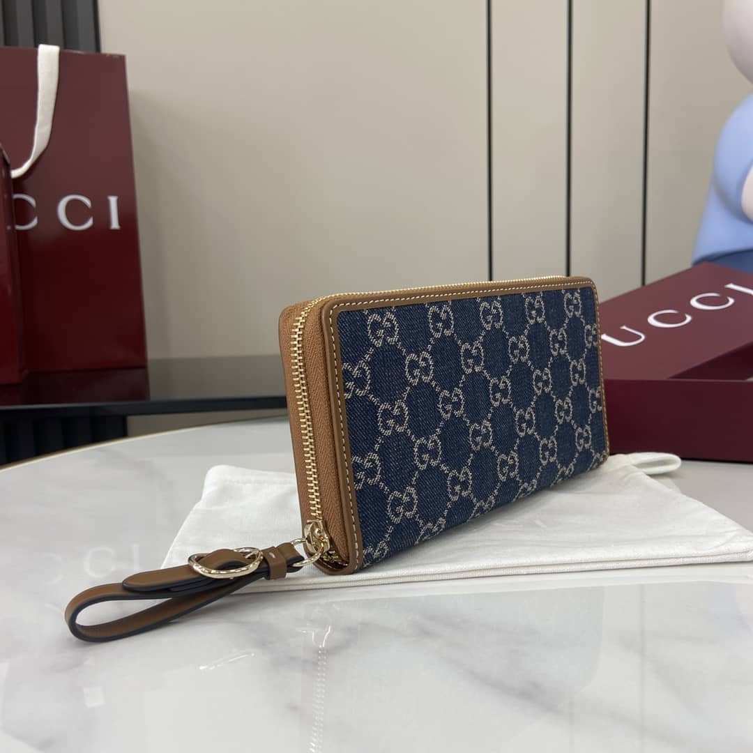 Gucci GG Emblem Denim Blue Zip Around Wallet_4_163996 Gucci GG Emblem Denim Blue Zip Around Wallet
