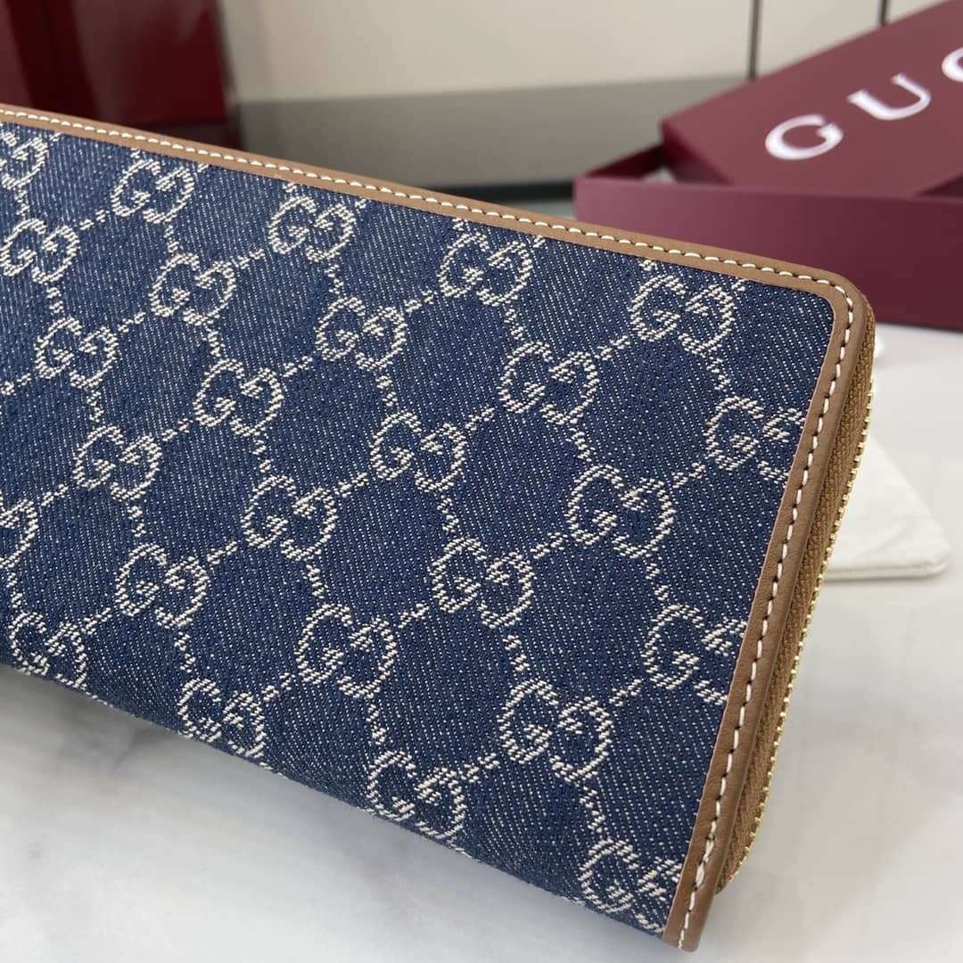Gucci GG Emblem Denim Blue Zip Around Wallet_5_163996 Gucci GG Emblem Denim Blue Zip Around Wallet