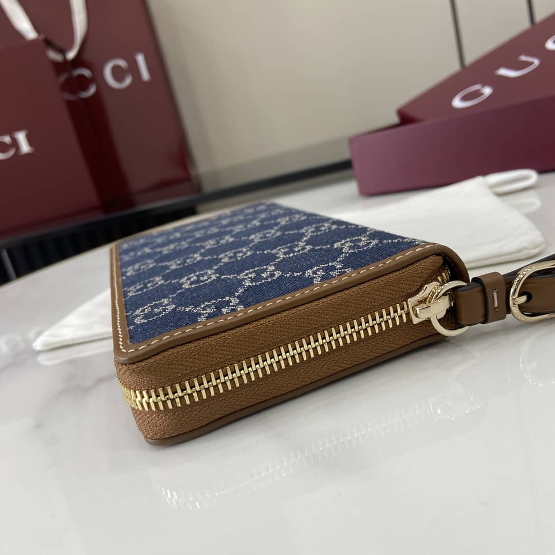 Gucci GG Emblem Denim Blue Zip Around Wallet_6_163996 Gucci GG Emblem Denim Blue Zip Around Wallet